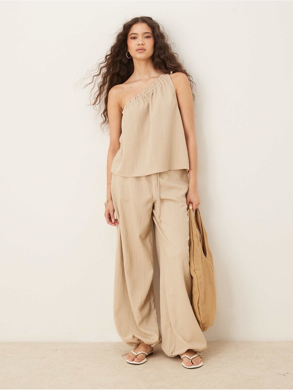 ASOS Palazzo Drawstring Pants One Shoulder Blouse Set Crinkle Flowy S/M